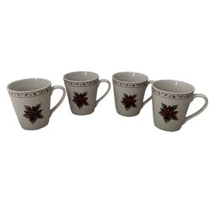 Merry Brite Christmas Mugs Set 4 Poinsettia Holiday Coffee Cups Cream Ceramic
